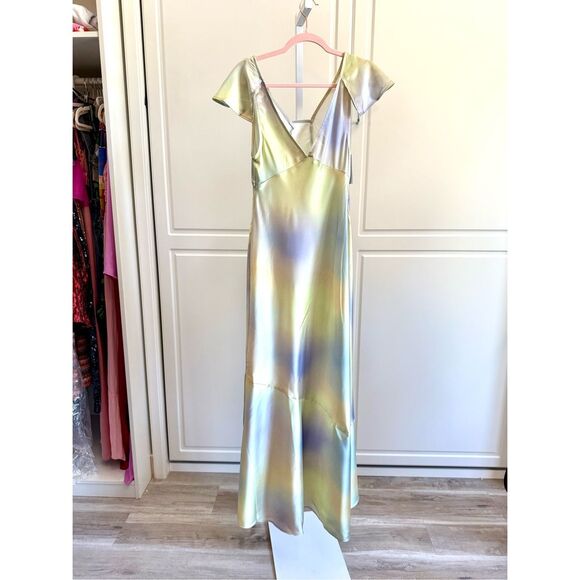 NWT WeWoreWhat Silky Charmeuse Maxi Slip Dress in a pastel watercolor pattern. - Picture 5 of 8